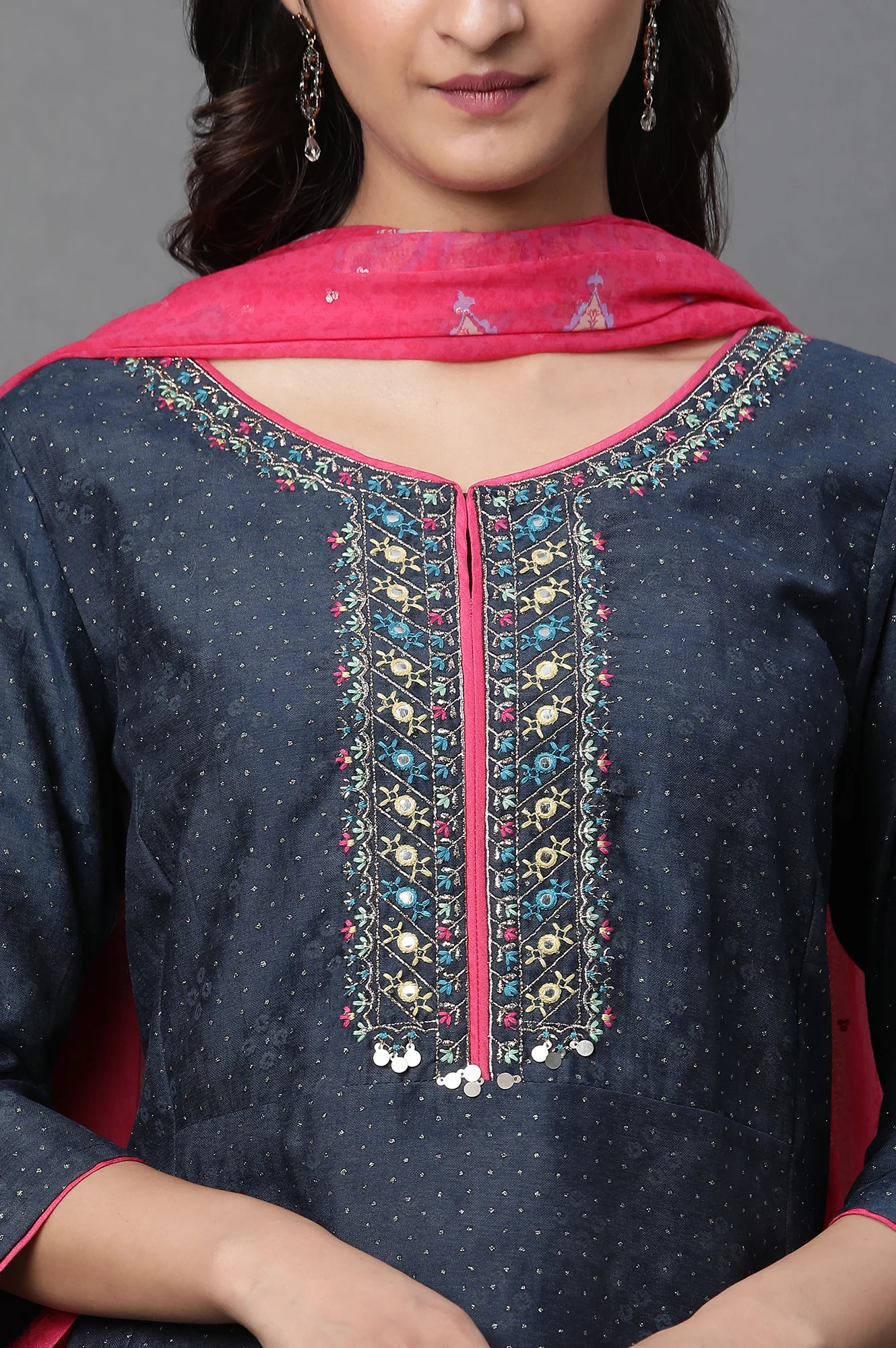 Royal Blue Glitter Printed A-Line Kurta, Tights And Dupatta Set - Image 6