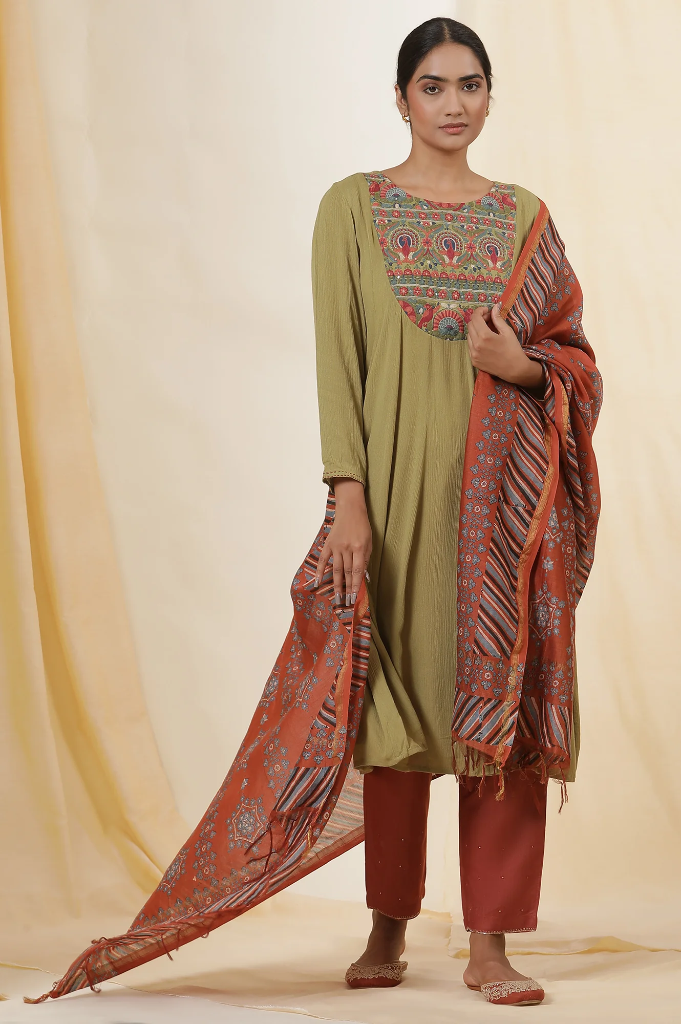 Rust Block Printed Drape In Chanderi - Image 2