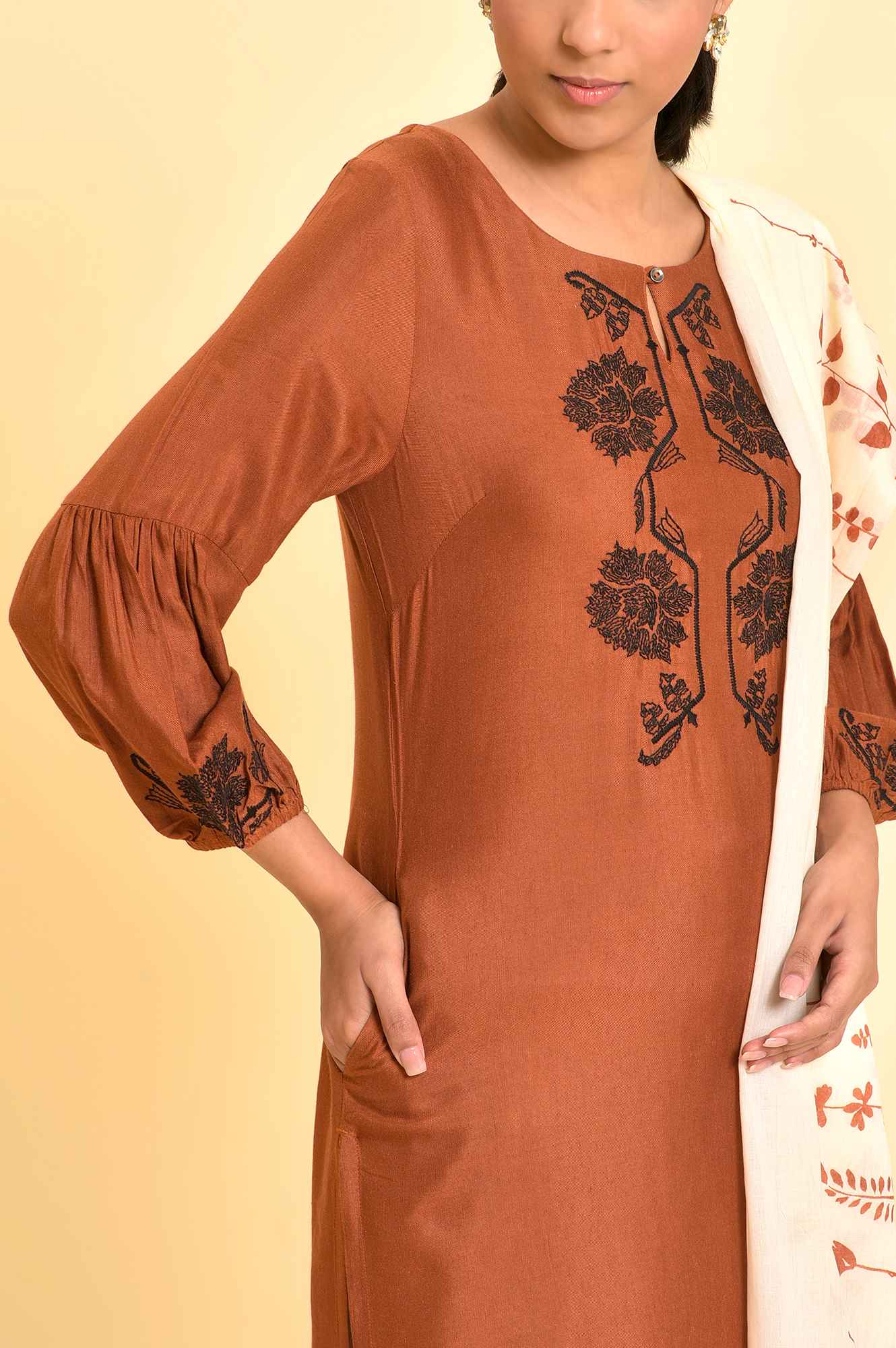 Rust Brown Embroidered Kurta, Parallel Pants And Dupatta Set - Image 6