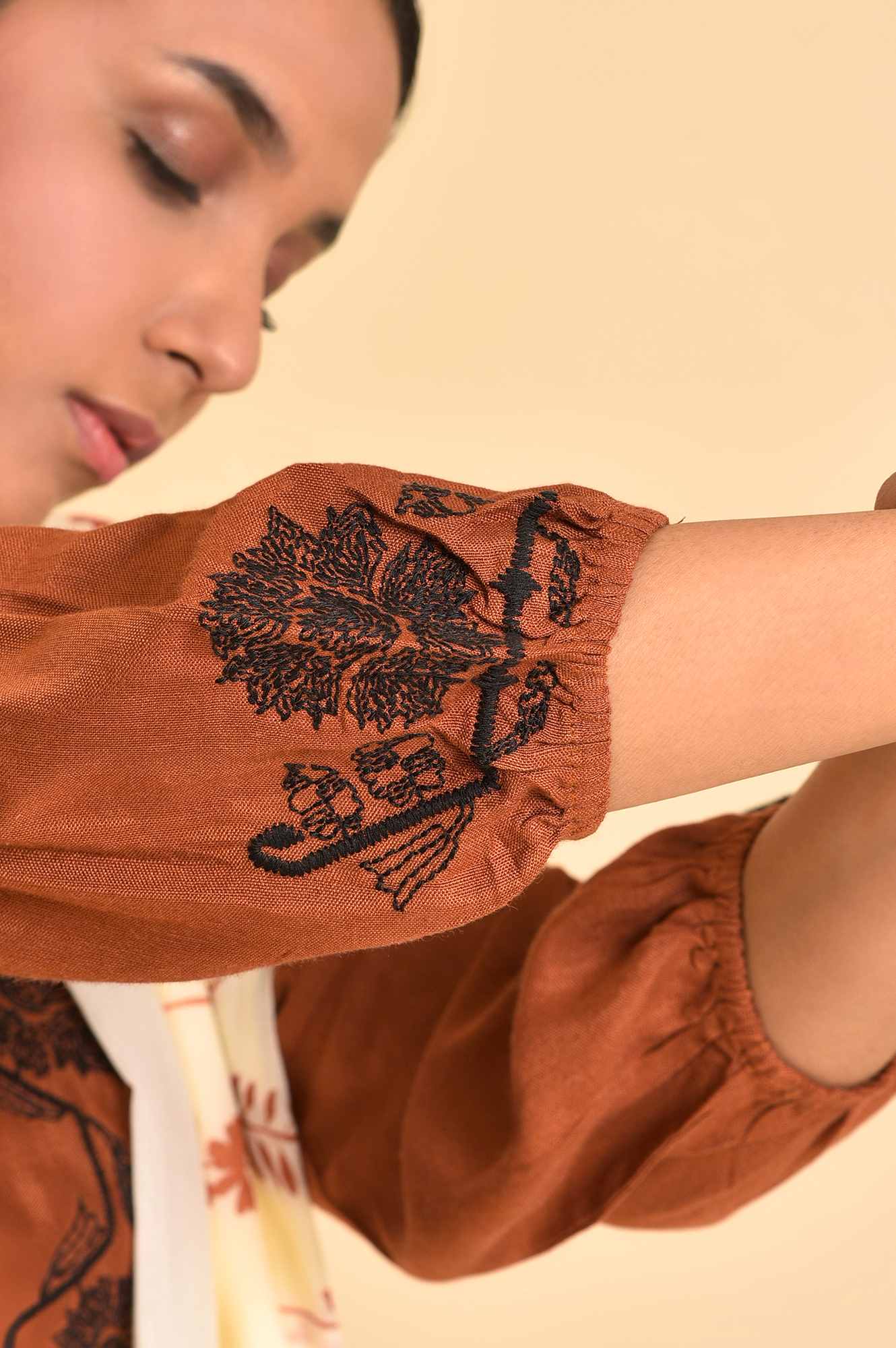 Rust Brown Embroidered Kurta, Parallel Pants And Dupatta Set - Image 7
