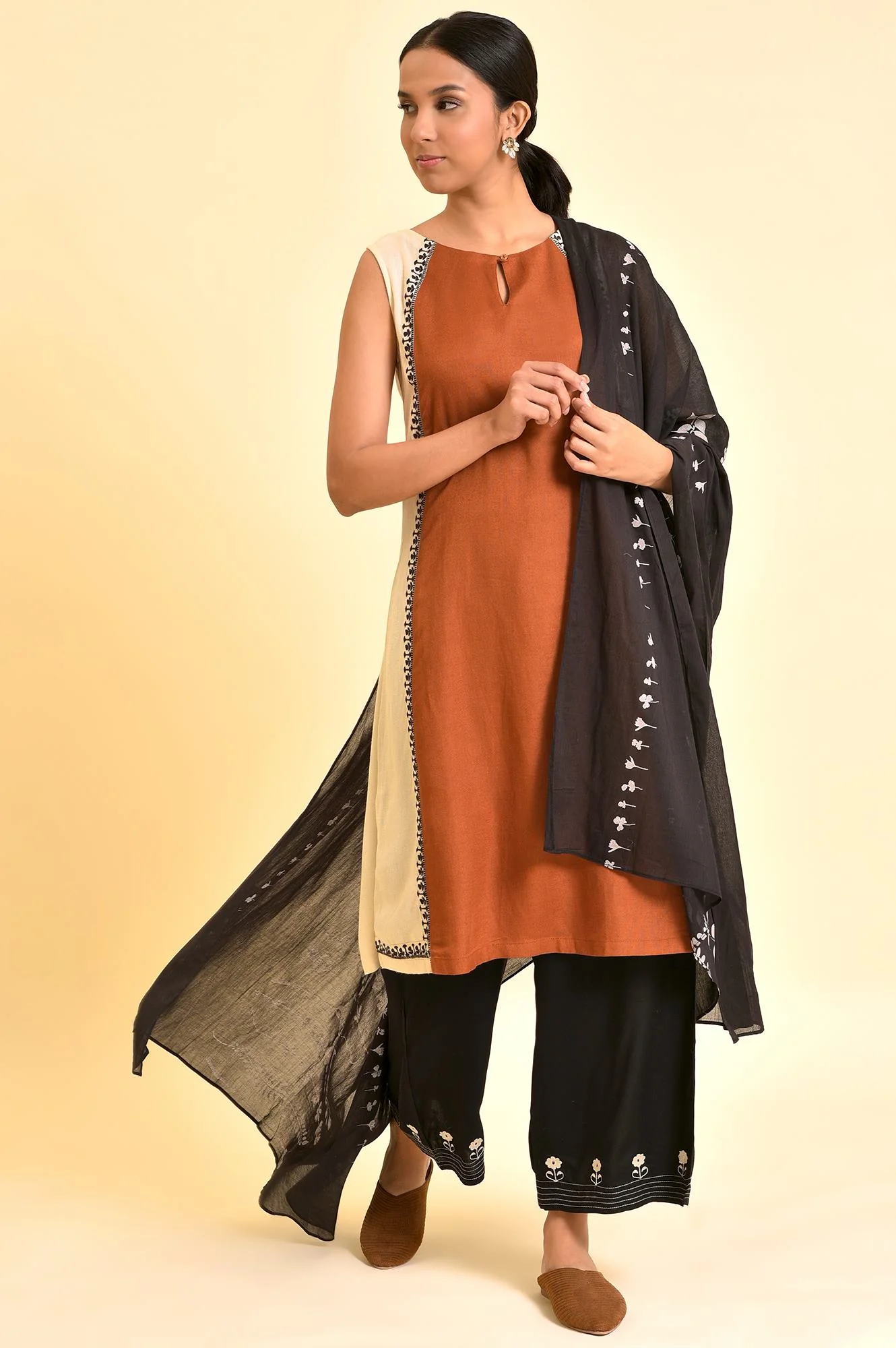 Rust Brown Embroidered Kurta, Parallel Pants And Dupatta Set - Image 2