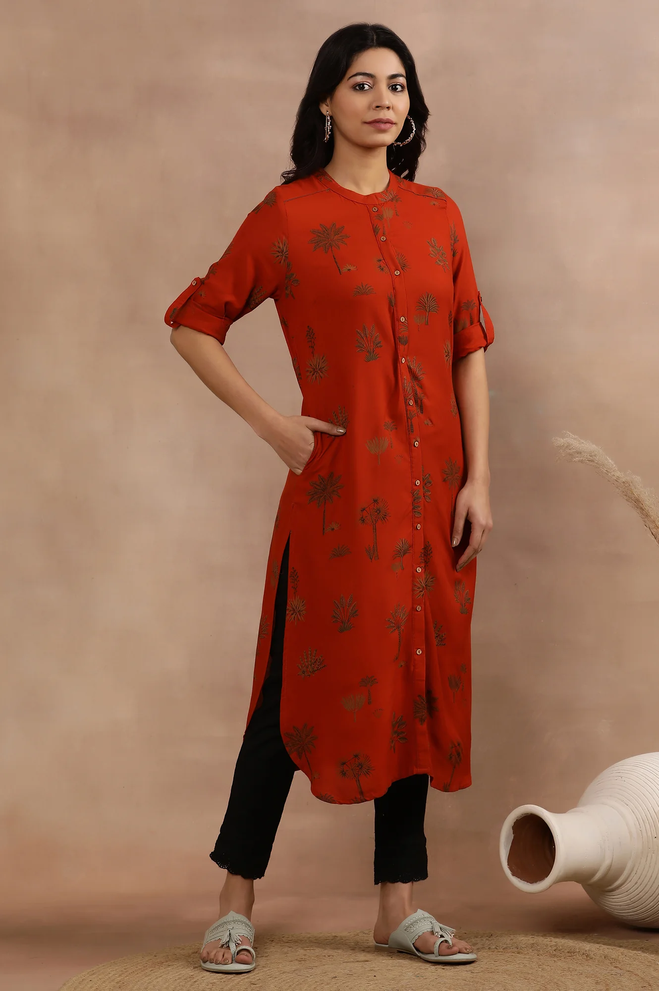 Rust Red Printed Kurta And Slim Pants - Image 5