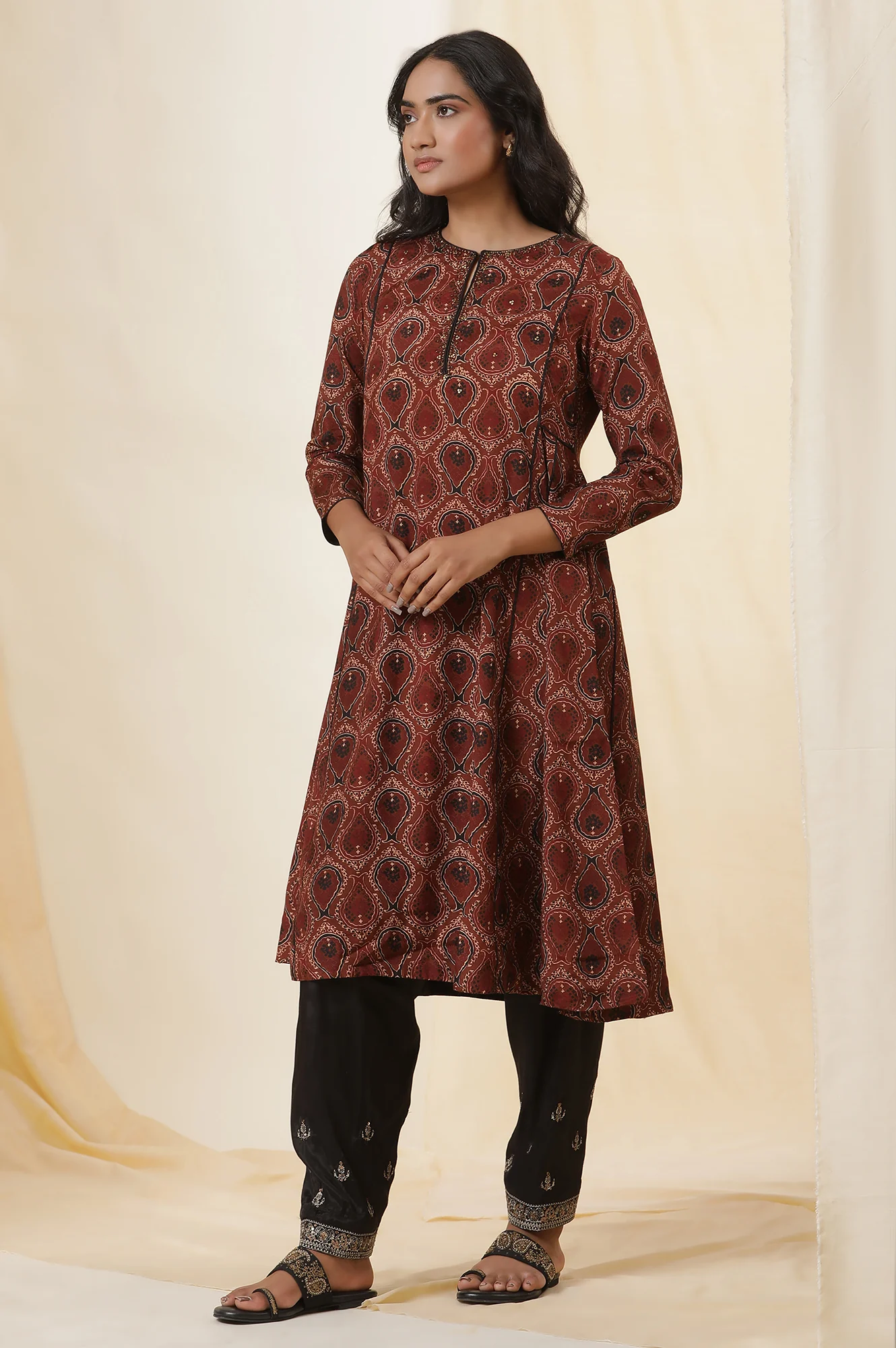Rusty Brown Ajrakh Flared Kurta - Image 3