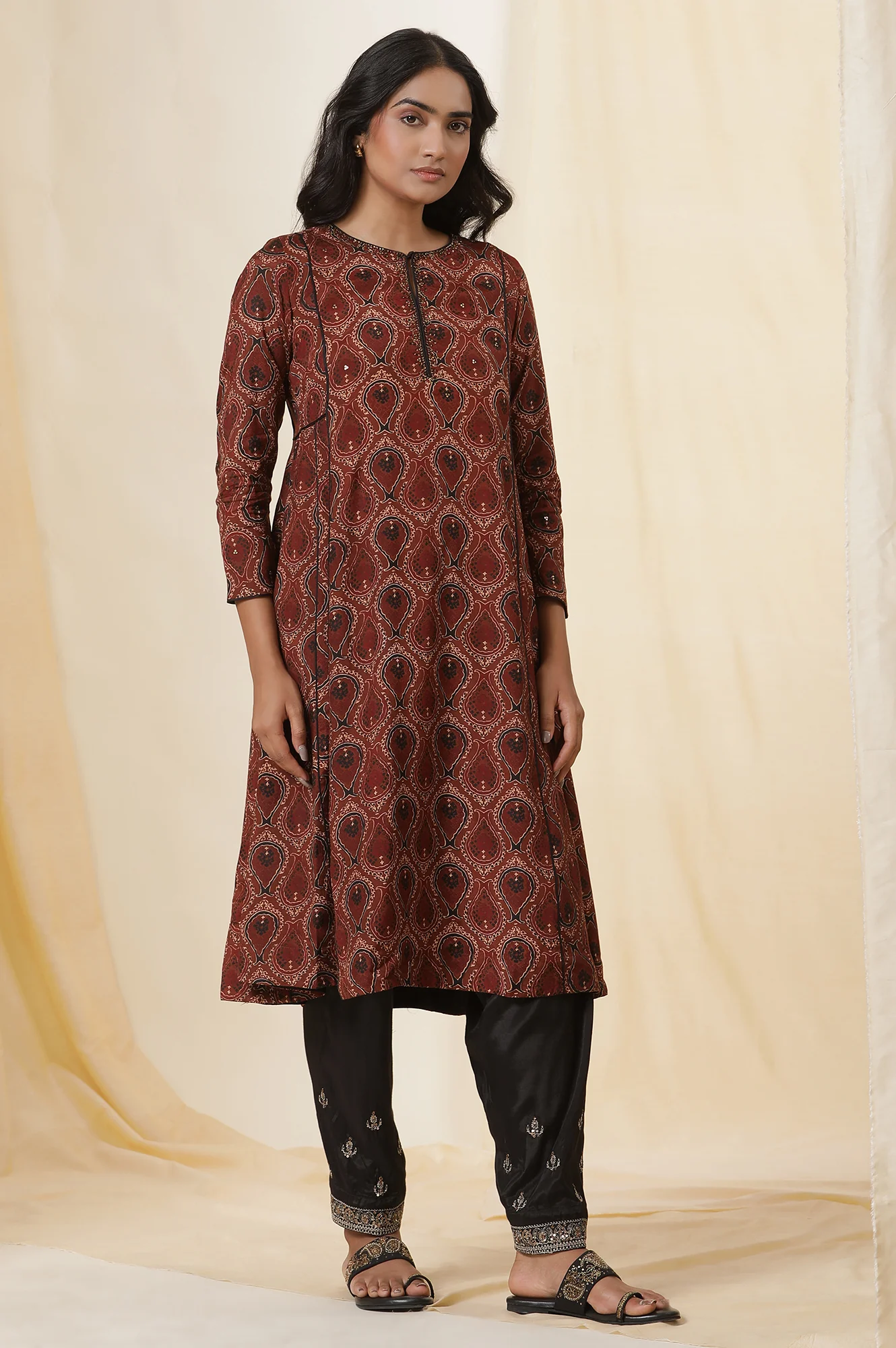 Rusty Brown Ajrakh Flared Kurta - Image 5