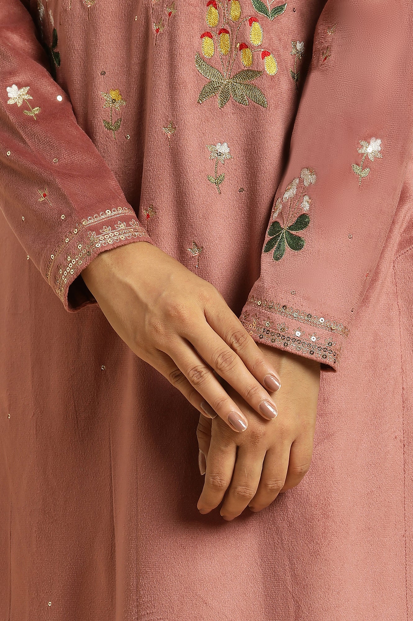 Salmon Pink Micro Velvet Embroidered Kurta, Pants And Dupatta Set - Image 8