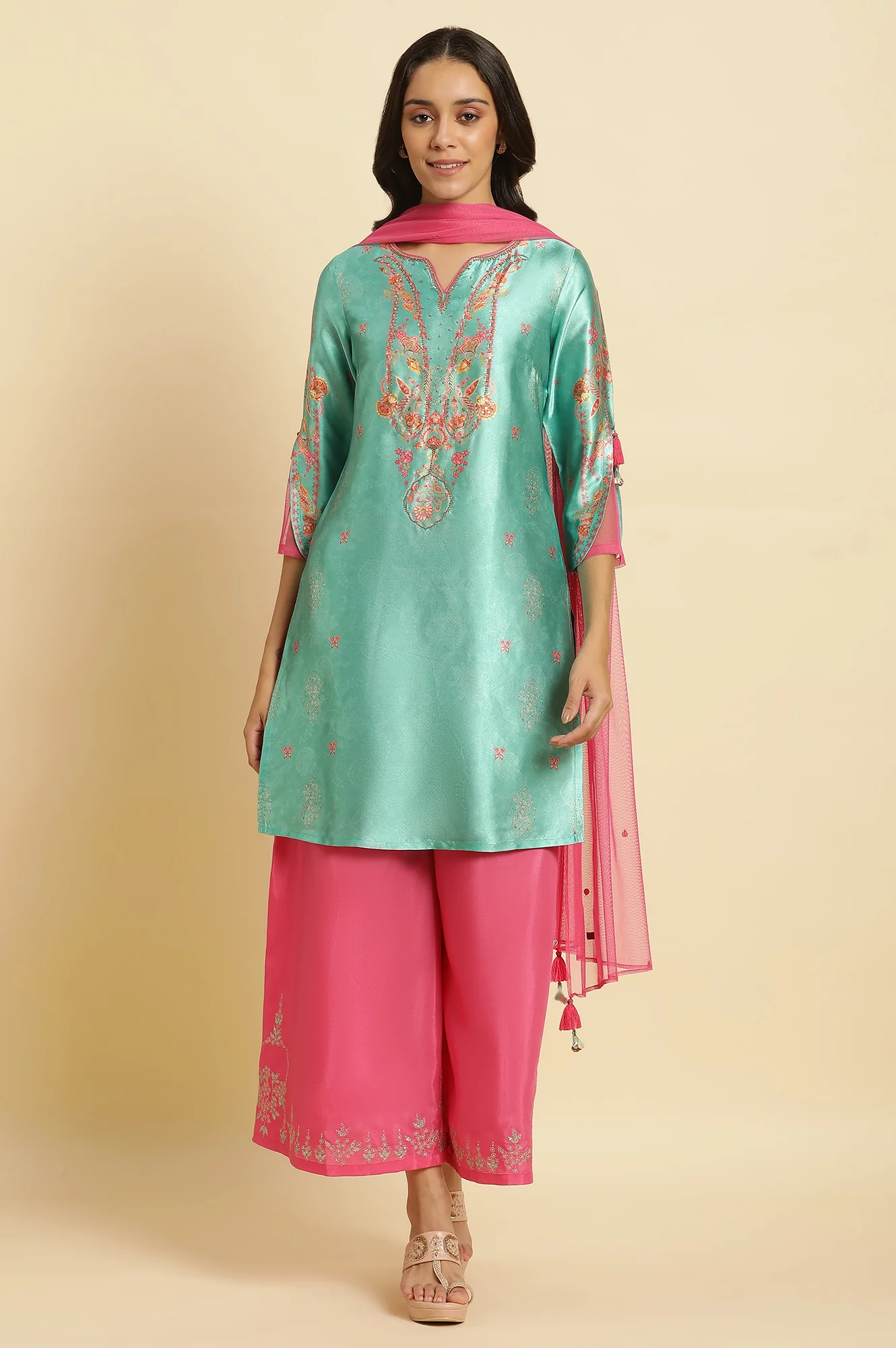 Sea Green Digital Printed Kurta, Pants & Dupatta Set - Image 2