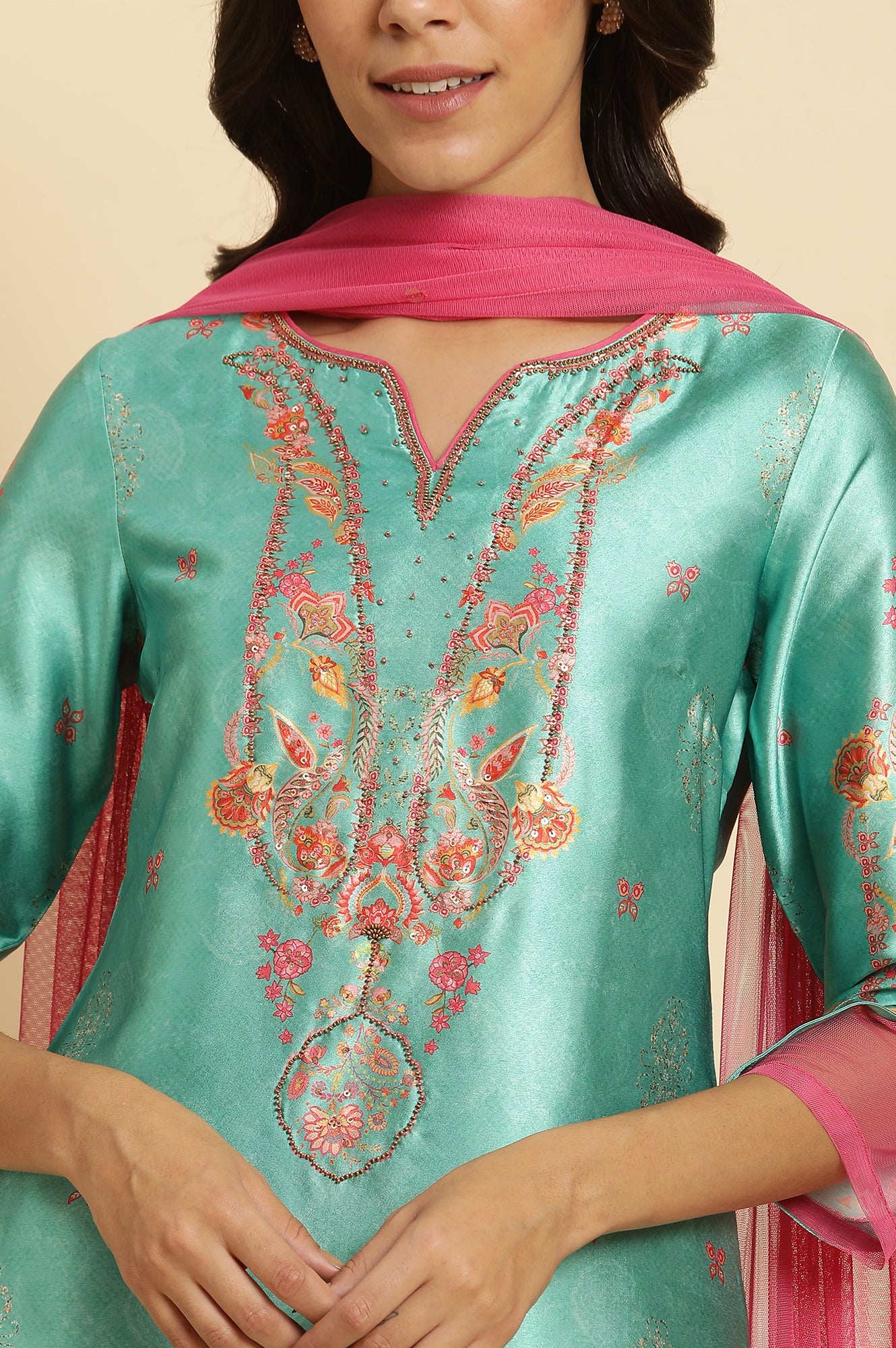 Sea Green Digital Printed Kurta, Pants & Dupatta Set - Image 6