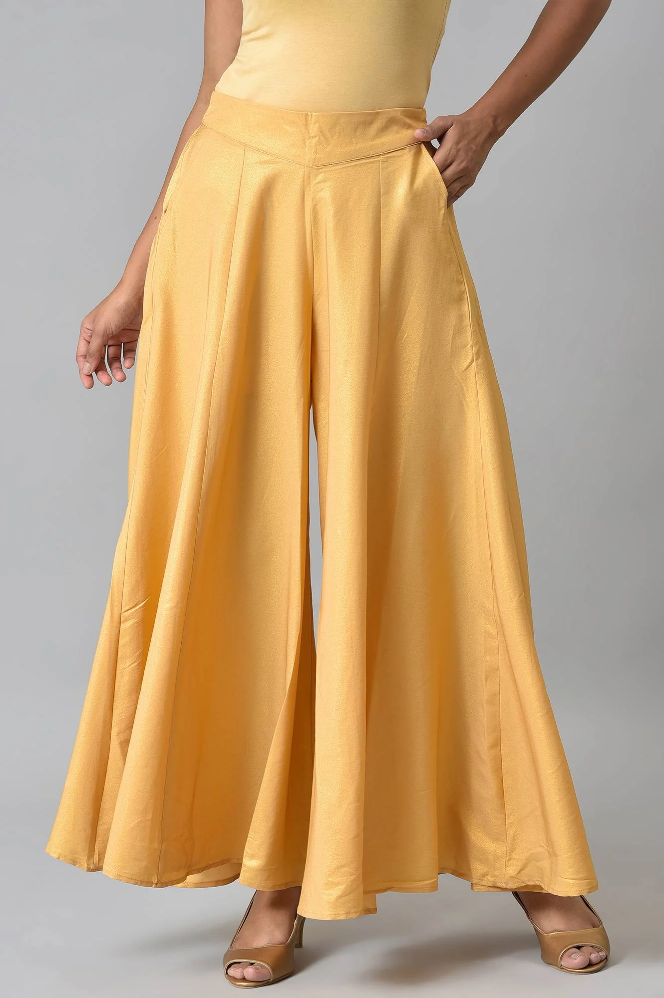 Elleven Women's Gold Solid Flared Woven Palazzo With Side Pockets