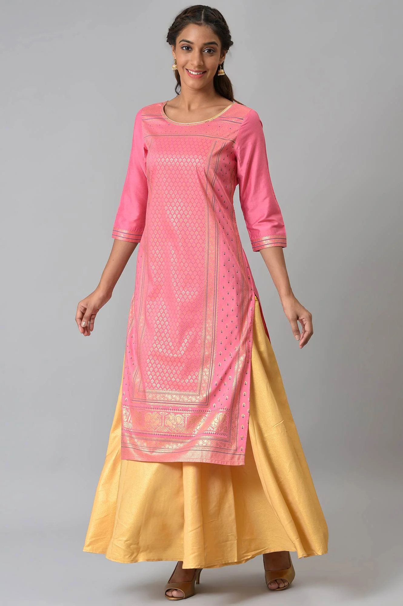 Elleven Women's Gold Solid Flared Woven Palazzo With Side Pockets - Image 5
