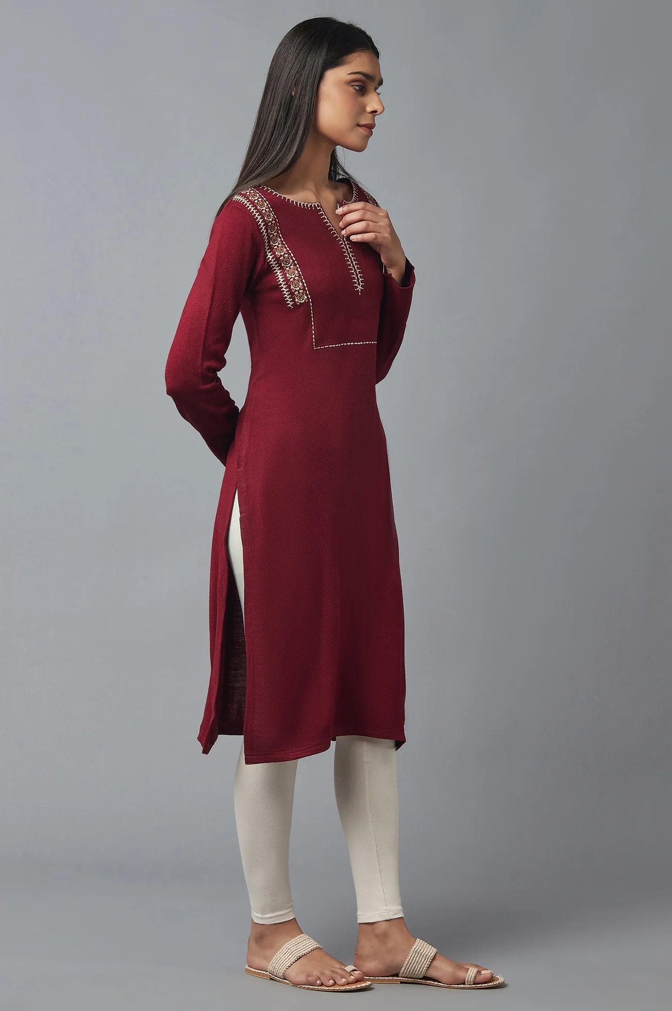 Spice Red Embroidered Winter kurta - Image 4
