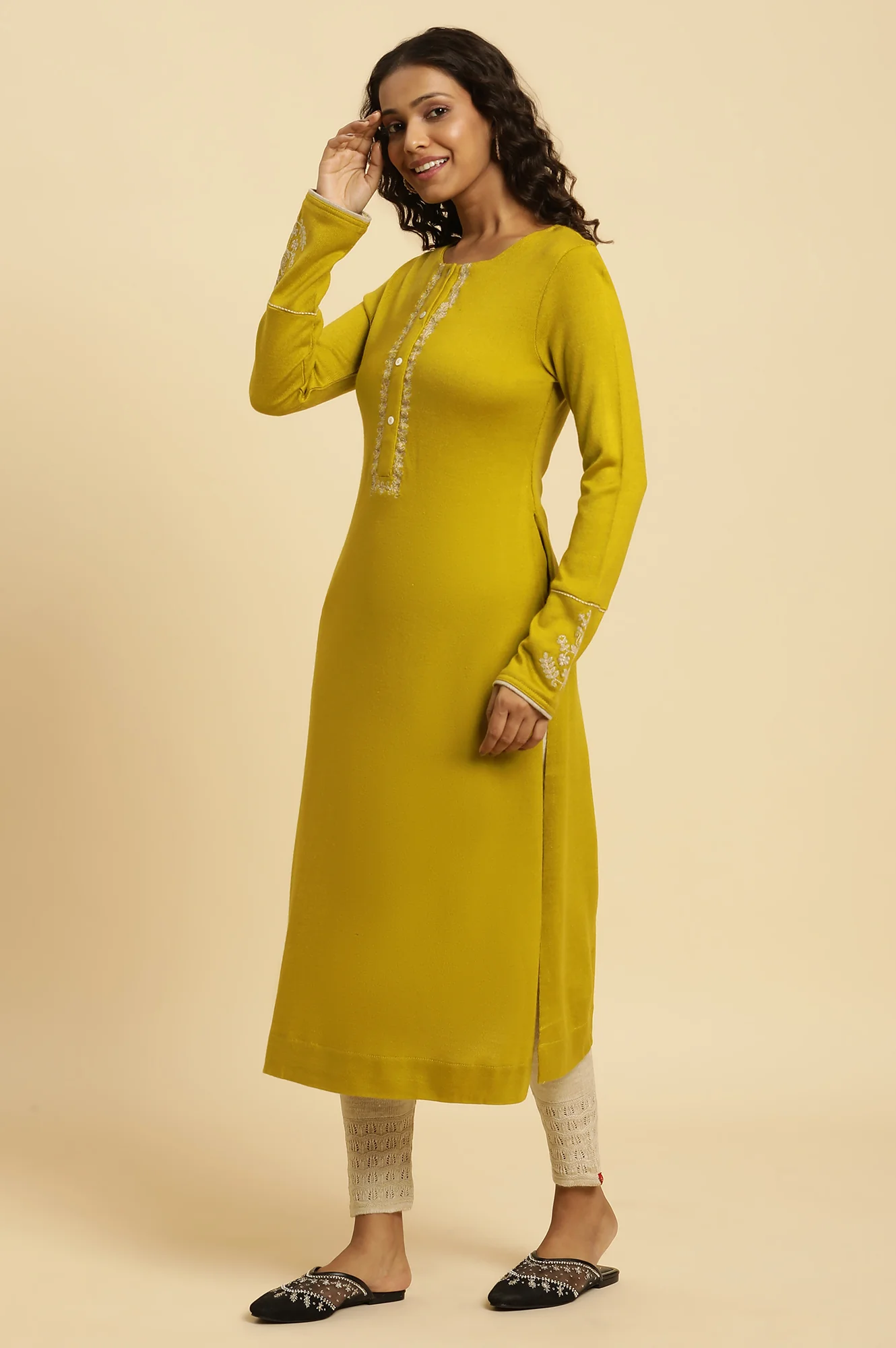 Sulphur Green Embroidered Winter Kurta And Tights Set - Image 3
