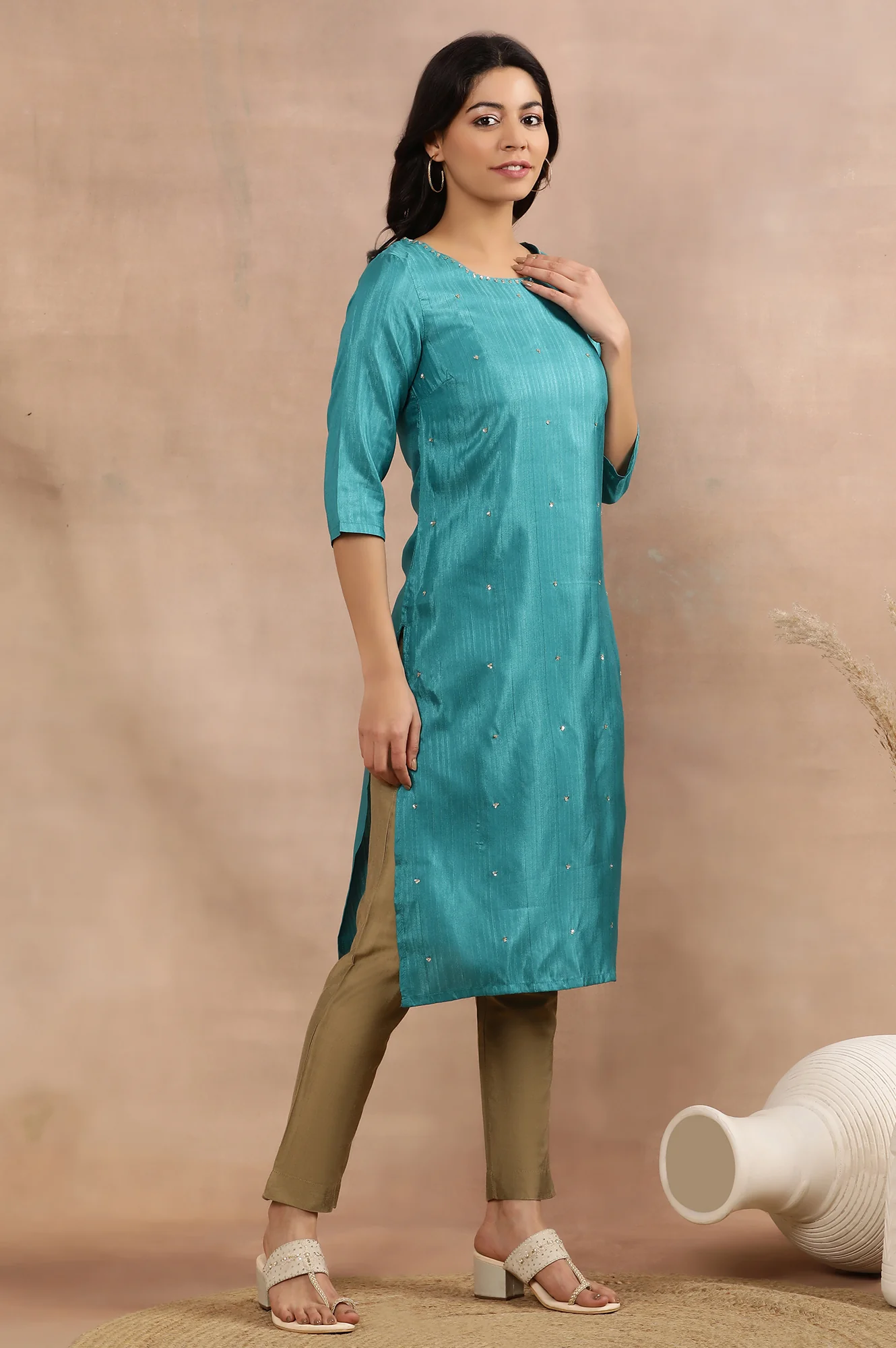 Teal Embellished Kurta And Golden Pants Set - Image 5