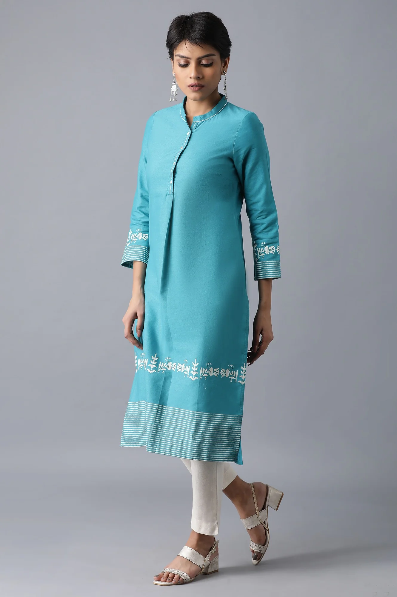 Teal Flora Print Straight Kurta In Mandarin Collar - Image 3