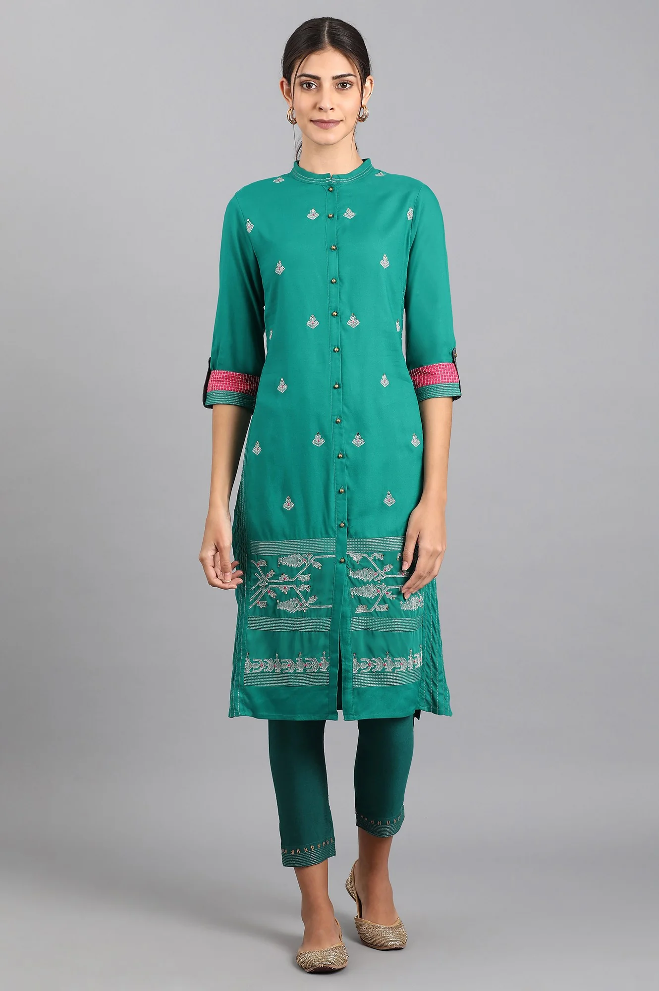 Teal Mandarin Neck Embroidered kurta - Image 2