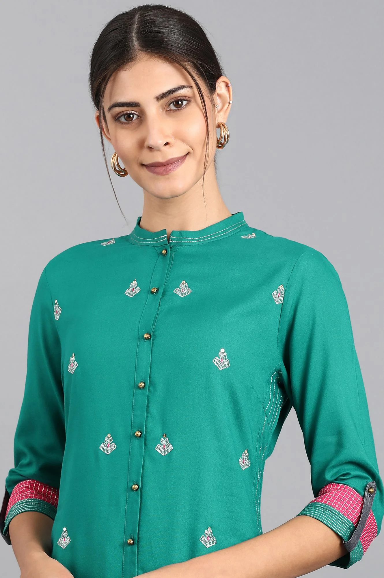 Teal Mandarin Neck Embroidered kurta - Image 6