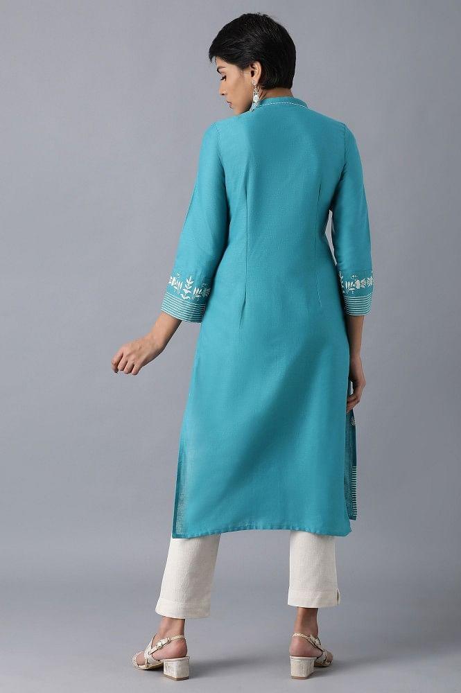 Teal Mandarin Neck Printed kurta - Image 2