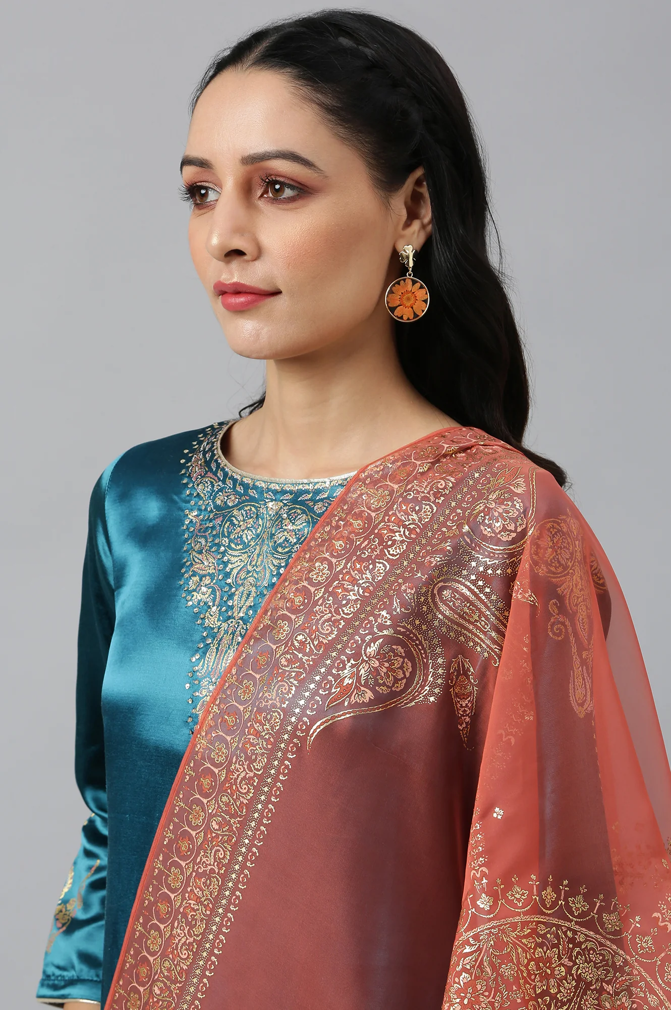 Teal Mashroo Silk kurta With Peach Slim Pants And Dupatta - Image 11