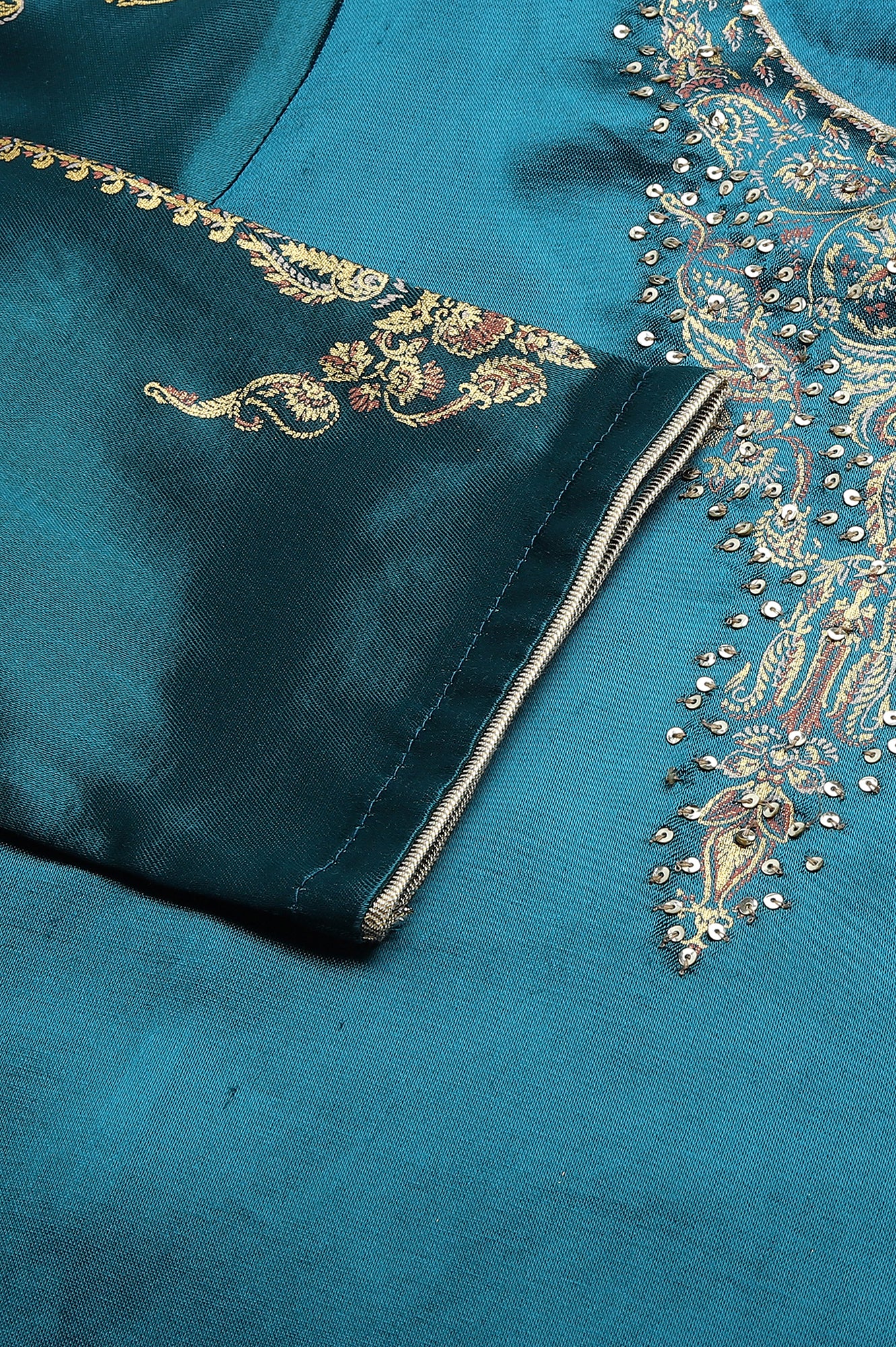 Teal Mashroo Silk kurta With Peach Slim Pants And Dupatta - Image 9