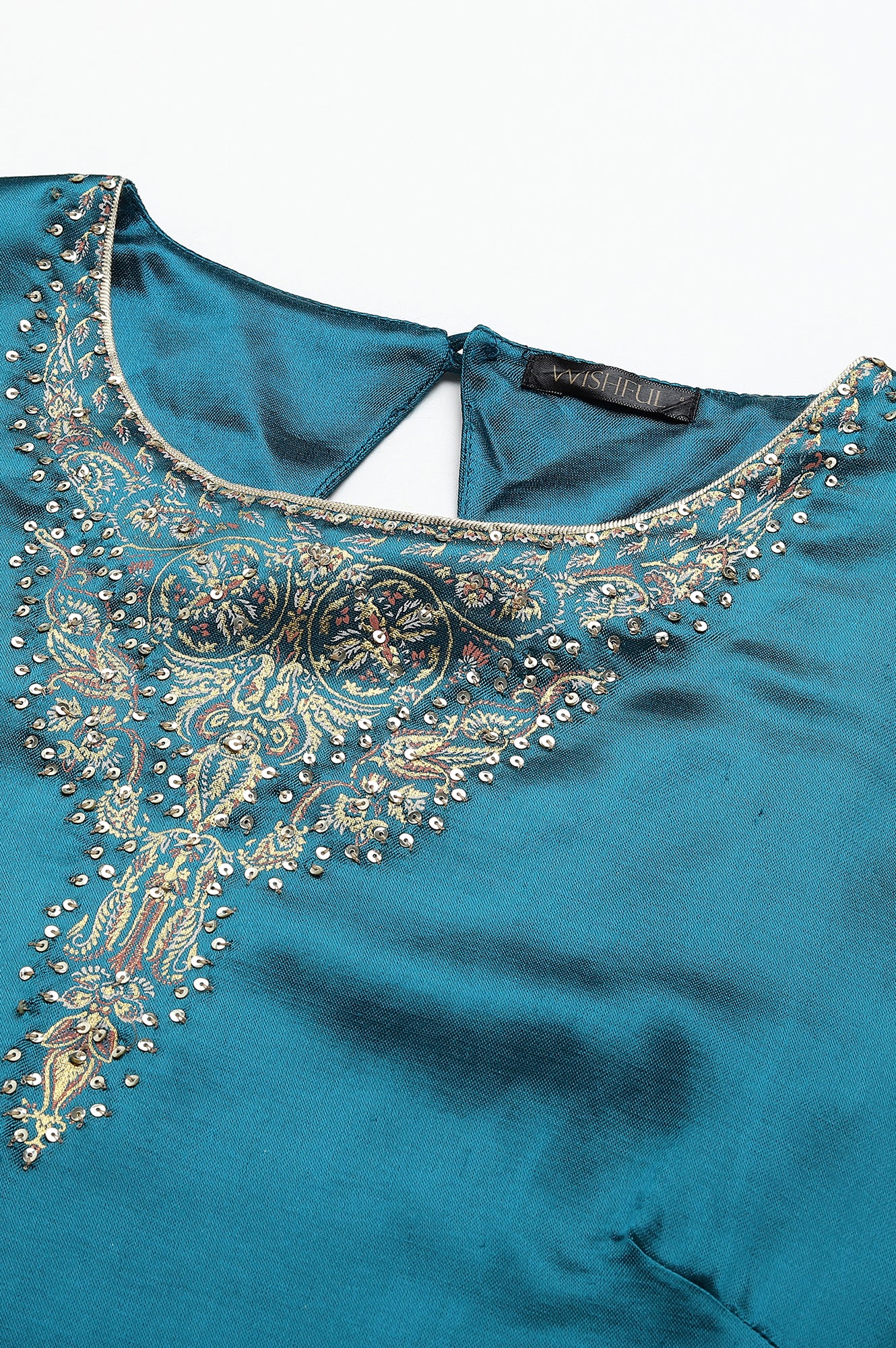 Teal Mashroo Silk Kurta With Peach Slim Pants And Dupatta - Image 2