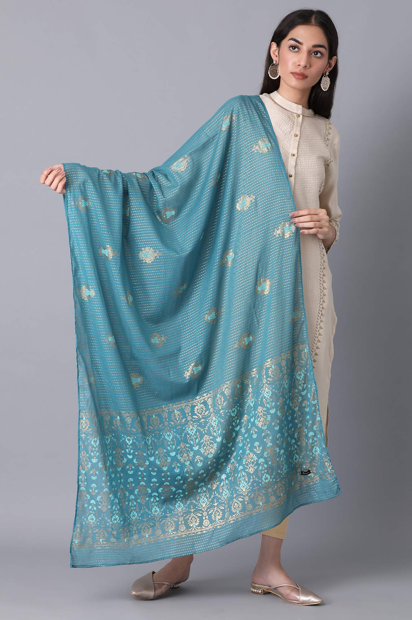 Elleven Women's Blue Voile Printed Dupatta