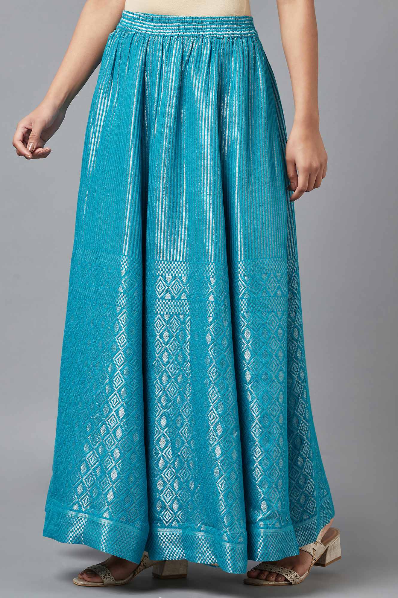 Elleven Women's Turquoise Blue Dobby Printed Flared Silk Skirt with Elasticated Waist - Image 3