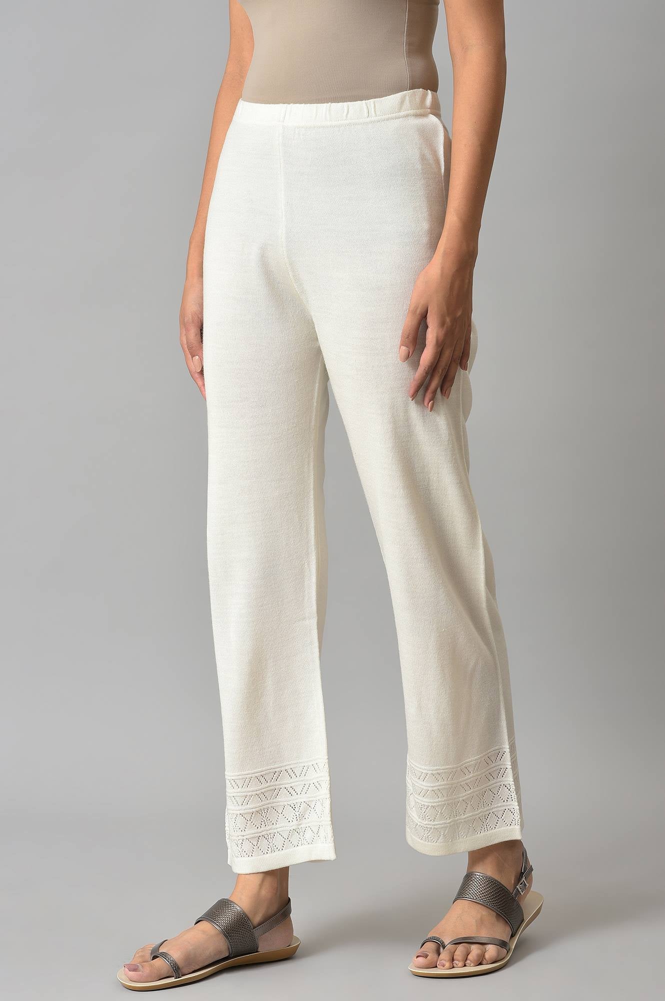 Elleven Women's White Geometric Straight Fit Acrylic Palazzo With Elasticated Waist - Image 3