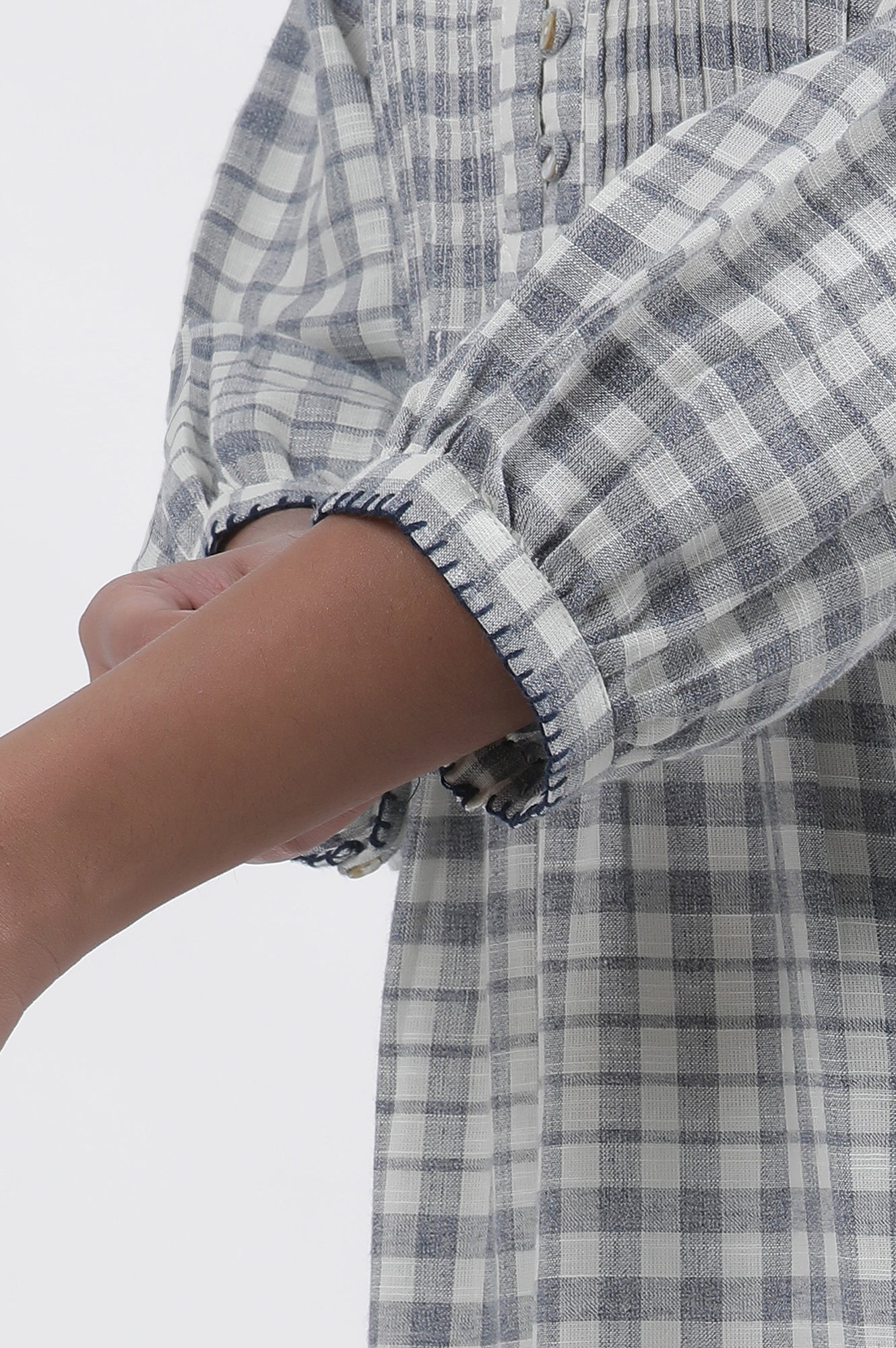 White And Blue Checker Cotton Blend Kurta - Image 8