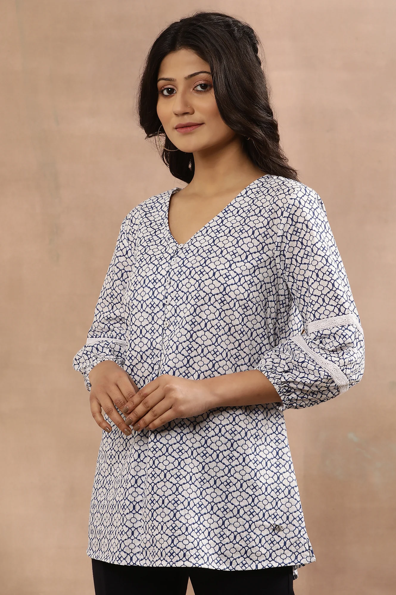 White And Blue Geometric Printed A-Line Cotton Top - Image 2