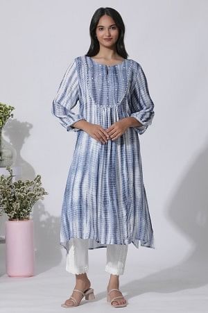 White And Blue Tie-Dye A-Line Kurta - Image 2
