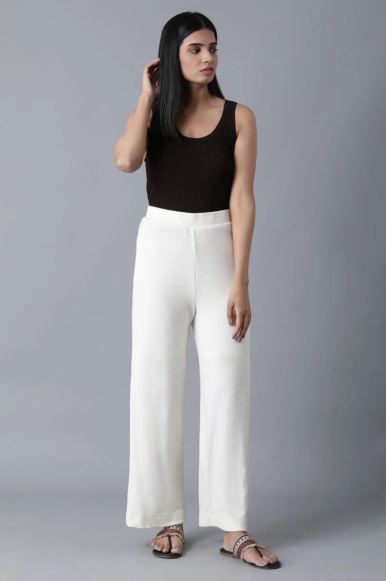 Elleven Women's White Solid Straight Fit Palazzo With Elasticated Waistband - Image 5