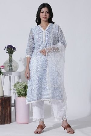 White & Blue Floral Printed Kota Kurta, Pants And Brasso Dupatta - Image 2