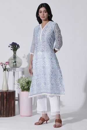 White & Blue Floral Printed Kota Kurta, Pants And Brasso Dupatta - Image 3