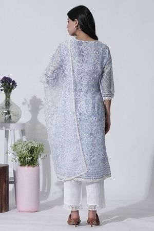 White & Blue Floral Printed Kota Kurta, Pants And Brasso Dupatta - Image 4