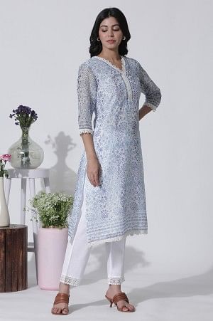 White & Blue Floral Printed Kota Kurta, Pants And Brasso Dupatta - Image 5