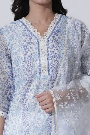 White & Blue Floral Printed Kota Kurta, Pants And Brasso Dupatta - Image 6