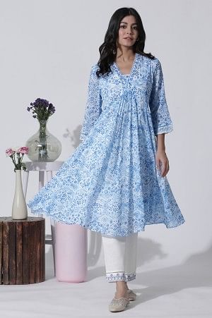 White & Blue Printed Flared Cotton Kurta With Pants Set - Image 2