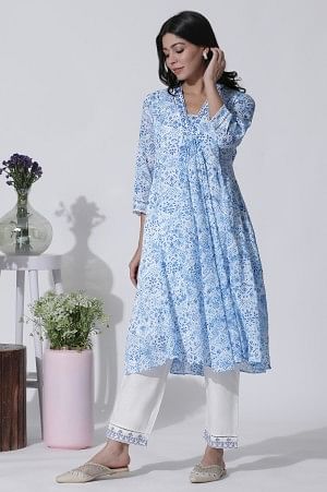 White & Blue Printed Flared Cotton Kurta With Pants Set - Image 3