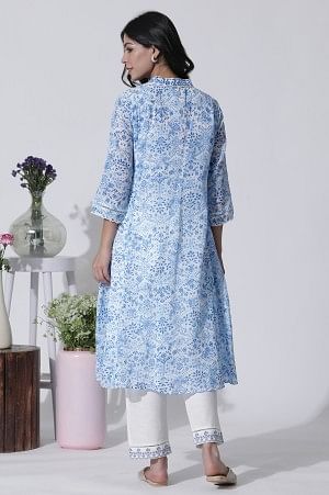 White & Blue Printed Flared Cotton Kurta With Pants Set - Image 4