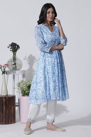 White & Blue Printed Flared Cotton Kurta With Pants Set - Image 5
