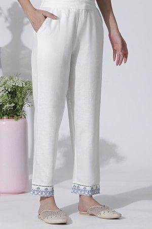 White & Blue Printed Flared Cotton Kurta With Pants Set - Image 9