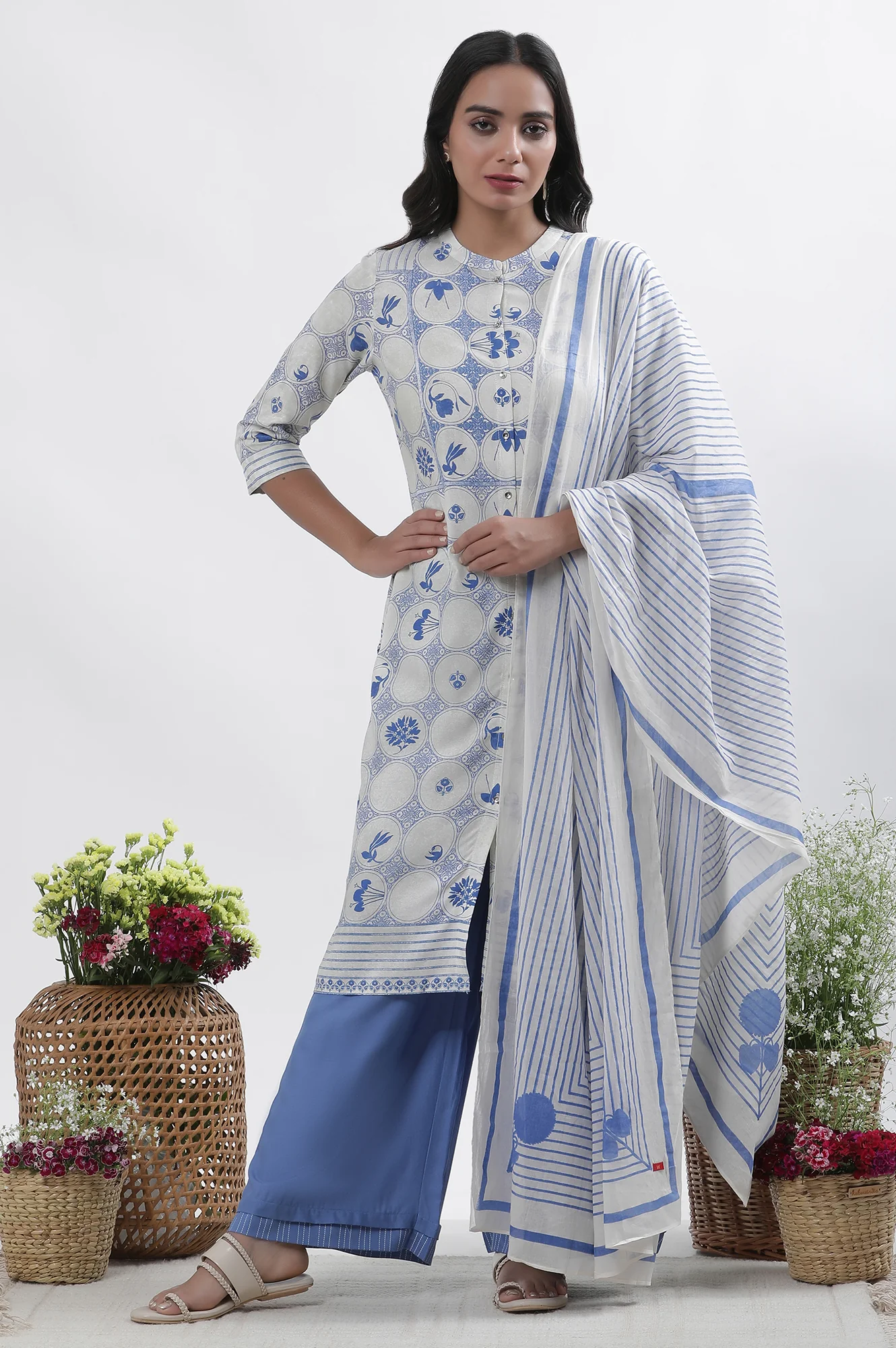 White & Blue Printed Kurta, Parallel Pants And Dupatta Set - Image 2