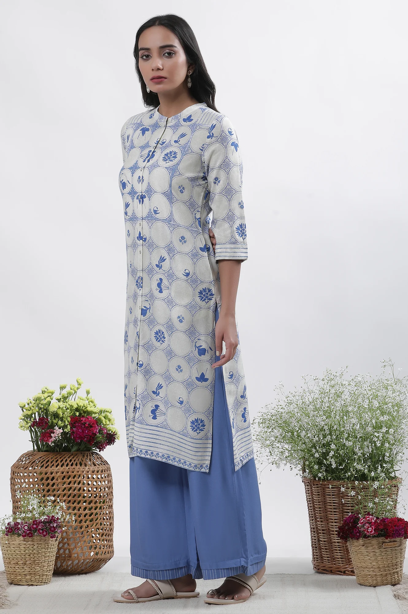 White & Blue Printed Kurta, Parallel Pants And Dupatta Set - Image 3