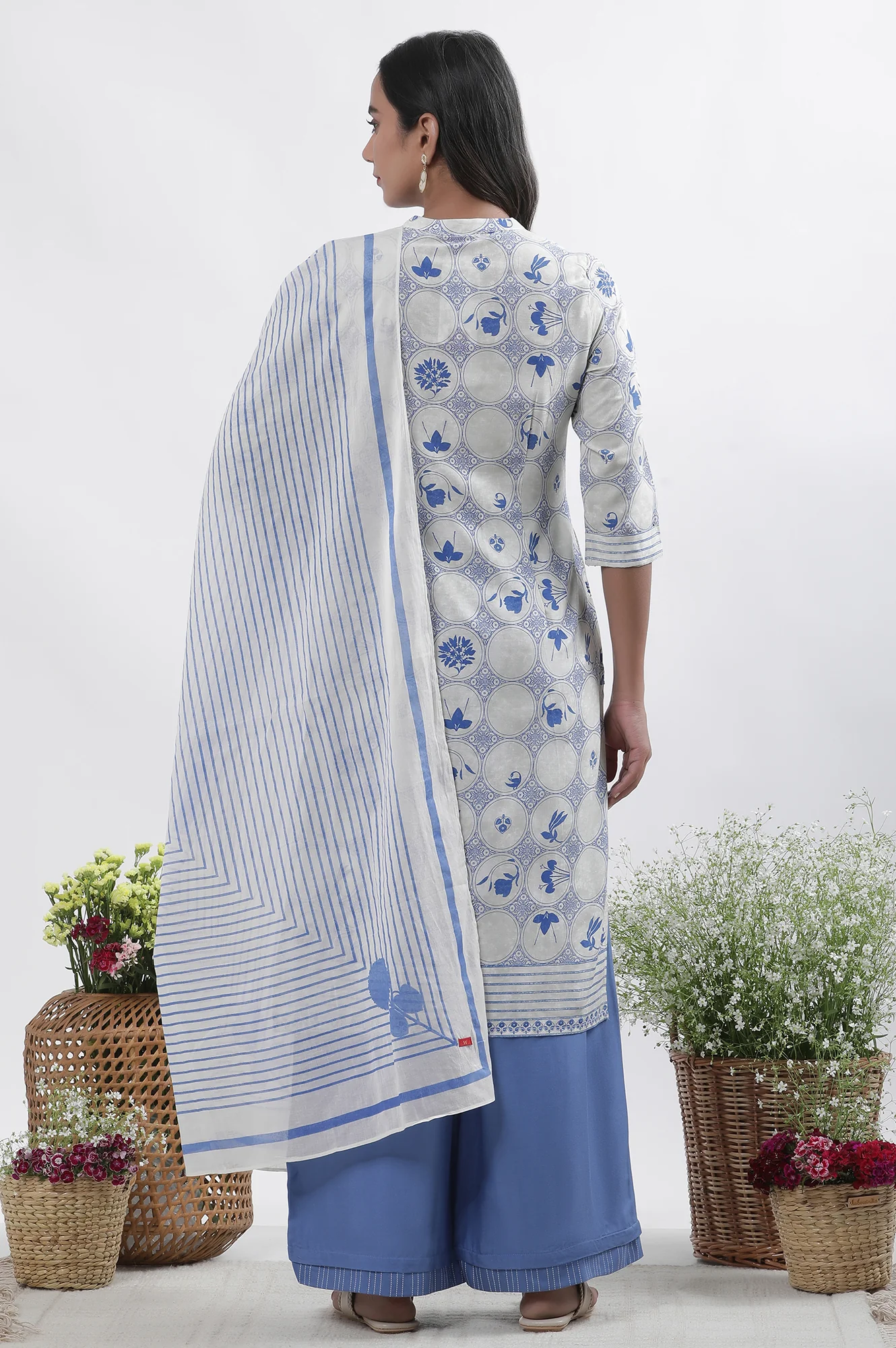White & Blue Printed Kurta, Parallel Pants And Dupatta Set - Image 4