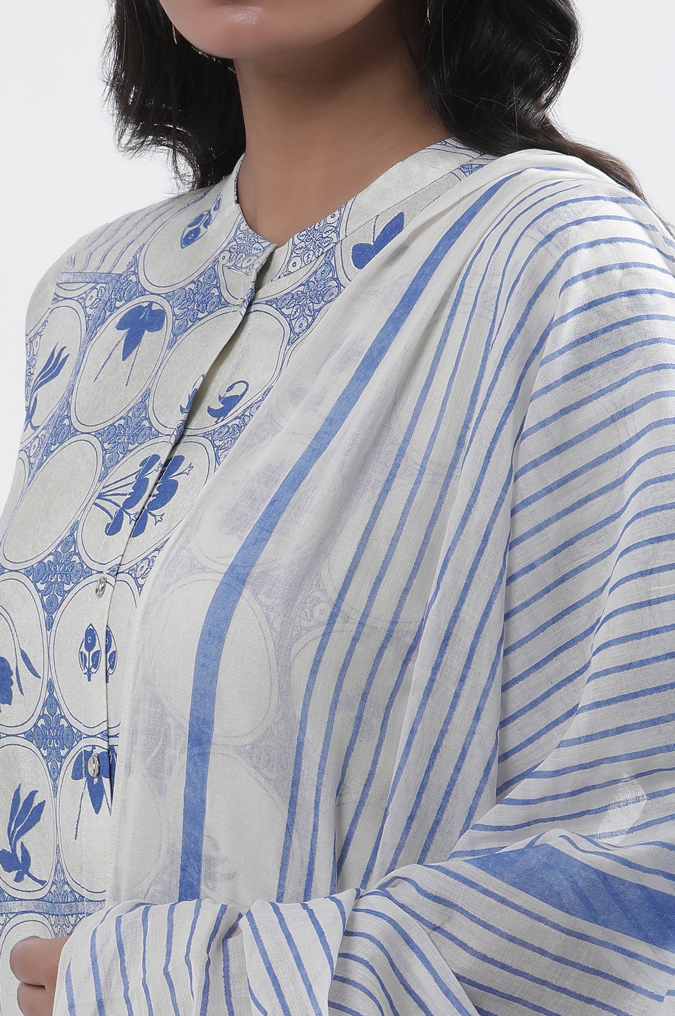 White & Blue Printed Kurta, Parallel Pants And Dupatta Set - Image 7