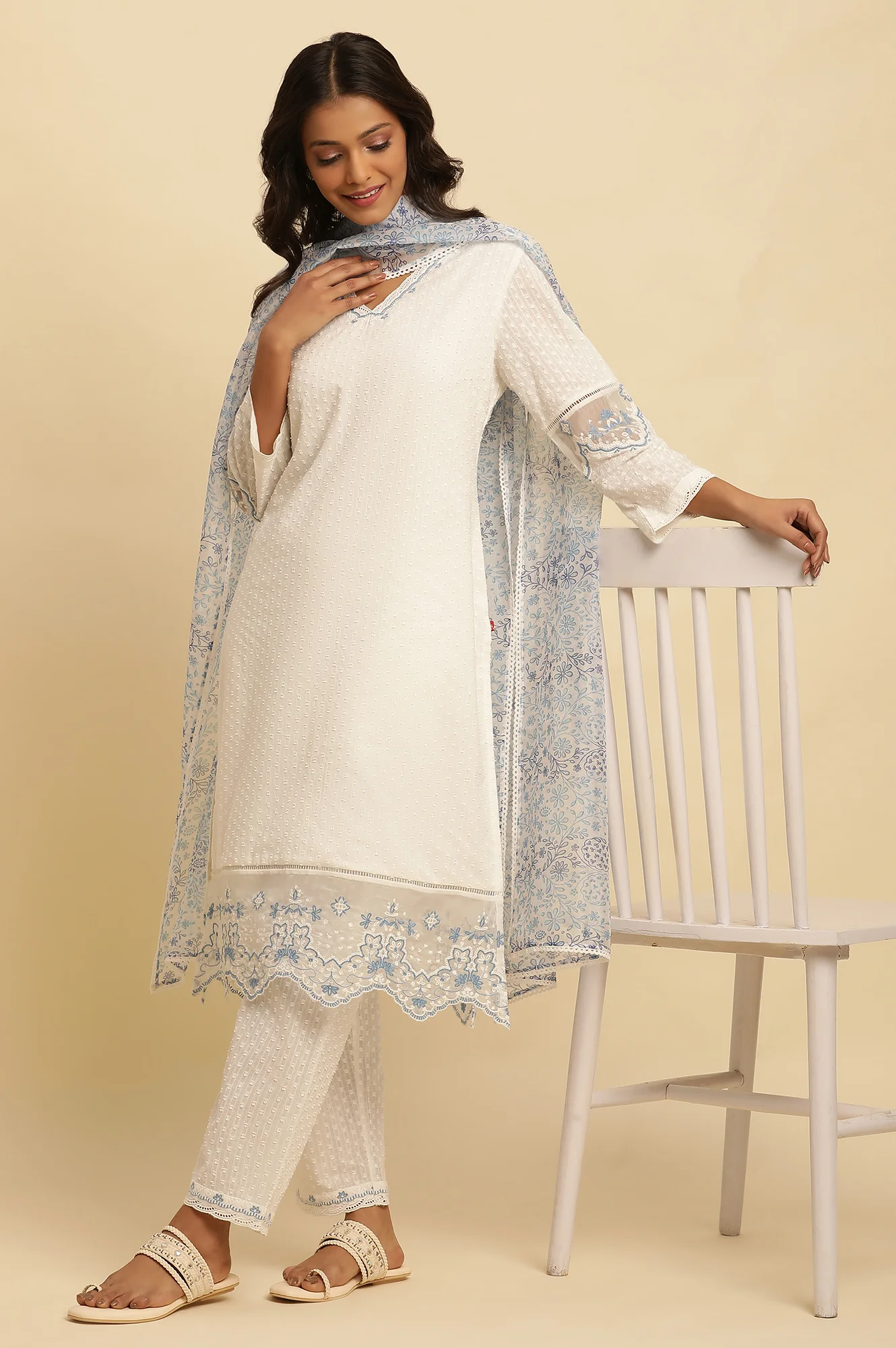 White Cotton Textured Kurta, Pants And Dupatta Set