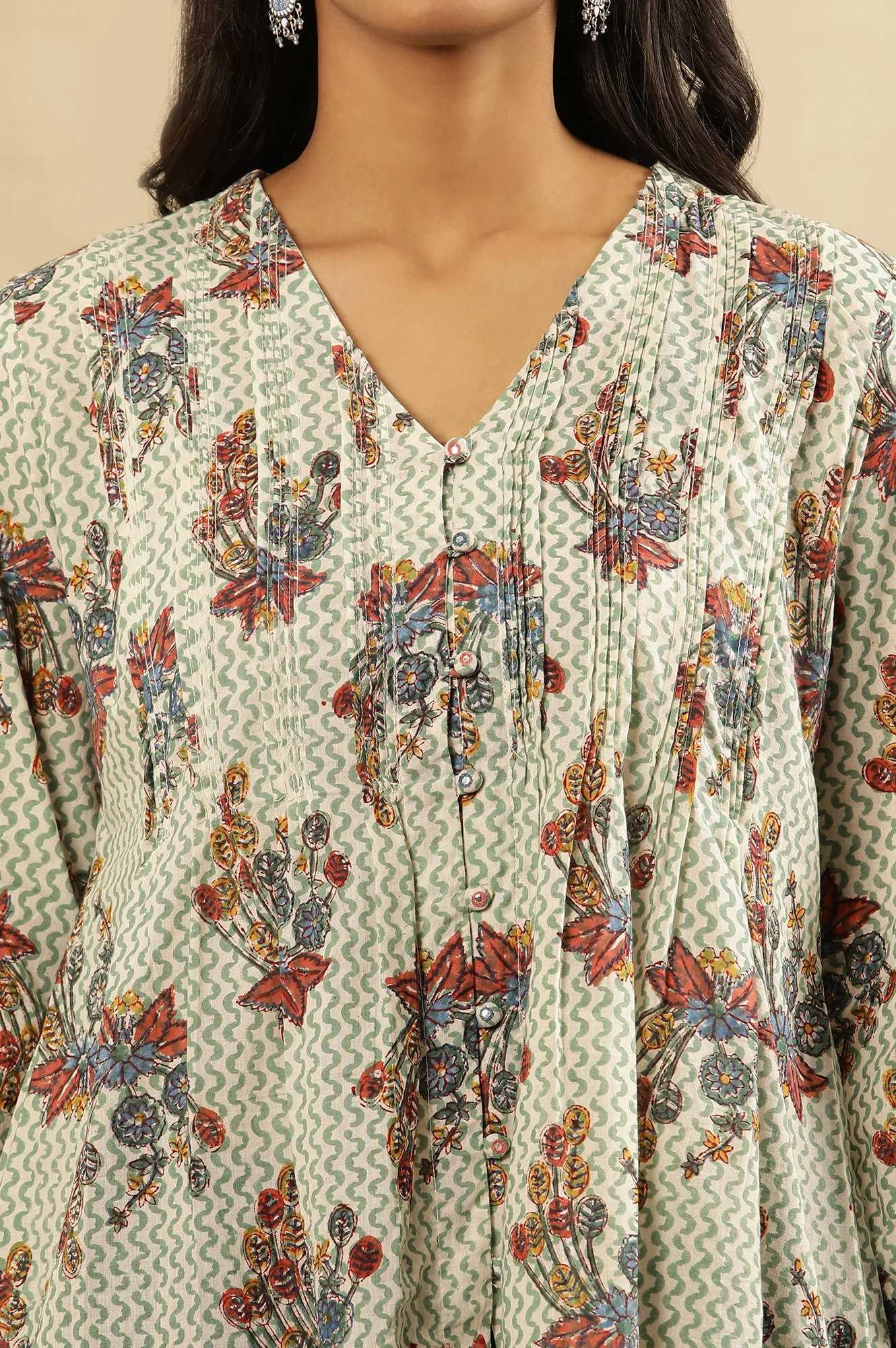 White Cotton Voile Hand Block Printed Pleated Top - Image 6