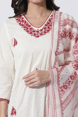 White Embroidered Cotton Kurta, Salwar With Dupatta Set - Image 6