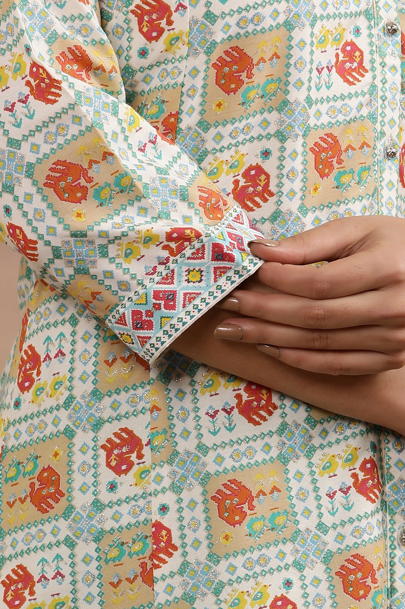 White Flared Kurta With Multi-Coloured Prints And Tights Set - Image 7