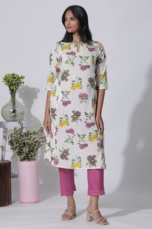 White Floral Printed A-Line Textured Cotton Kurta - Image 2
