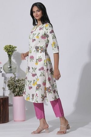White Floral Printed A-Line Textured Cotton Kurta - Image 3
